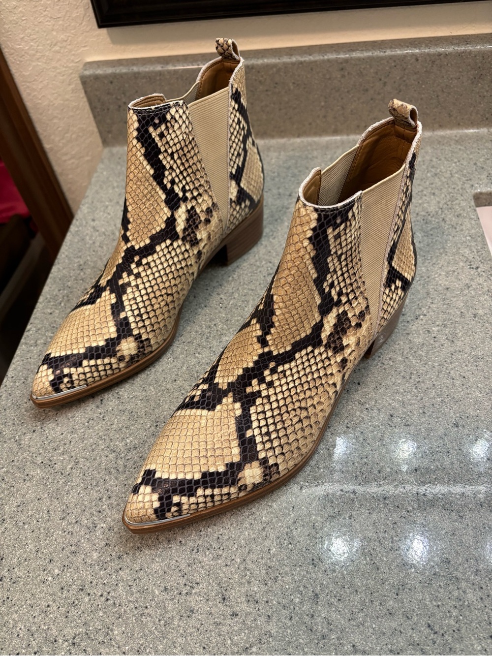 Marc Fisher Snake-Print Chelsea Ankle Boots in Beige and Black